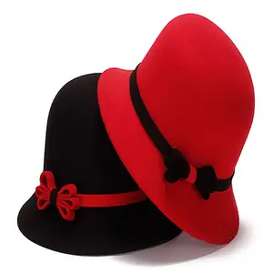 Pabrik grosir Fashion Bicolor topi Fedora disesuaikan wanita tepi lebar hitam Fedora Top Bowler topi Fedora