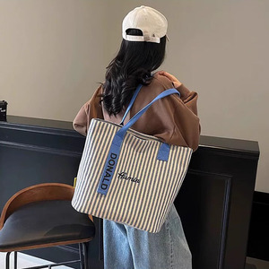 Sac fourre-tout décontracté en toile rayée pour femme avec fermeture éclair, grande capacité, sac à bandoulière tendance - Product Image 2