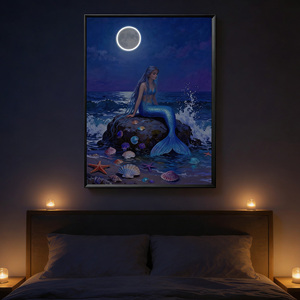 Décoration murale de salle de bain, image de paysage marin de sirène imprimée <span class=keywords><strong>sur</strong></span> toile, art mural pour chambre à coucher, salon, sirène bleue dans la lumière de la lune - Product Image 2
