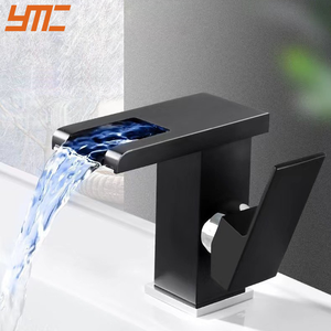 Grifo Mezclador de <span class=keywords><strong>Agua</strong></span> para Lavabo de Acero Inoxidable de Diseño Moderno YMC, Grifo de Lavabo Gris Mate Negro, Grifo de Ducha Dorado y Negro - Product Image 1