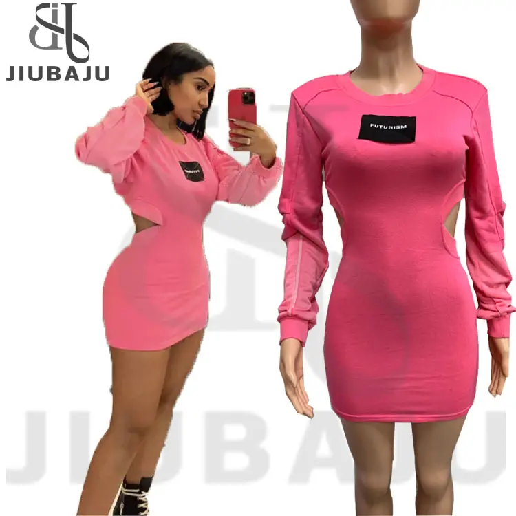 Fall Pink Casual Dresses For Women 2023 Long Sleeve Hollow Out O Neck Dress Women Pink Party Mini Club Dresses