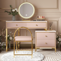 Ensemble de coiffeuse de luxe en bois avec pieds dorés à la française, modulaire, multifonctionnel, miroir éclairé réglable, tabouret, écologique, moderne