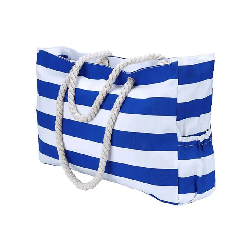 S370, пляжная сумка большой вместимости, легкая прочная полосатая Сумка-тоут с белой синей веревочной ручкой и верхней молнией