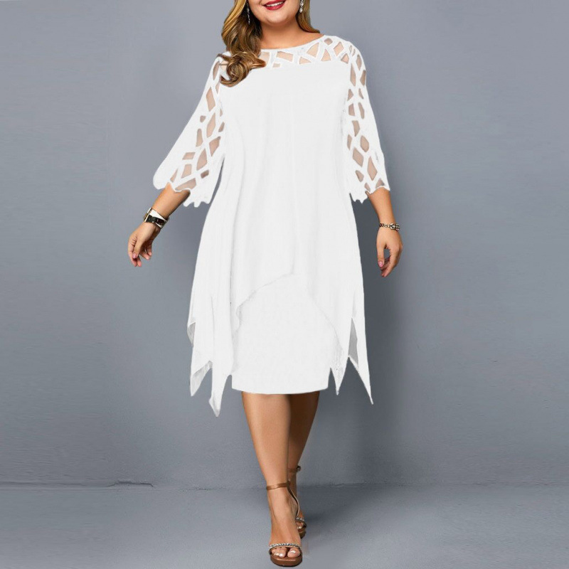xxl holiday dress Elegant Midi Party For Chubby Women O Neck Lace Sleeve Hollow Out Solid Sexy Women's Clothing Evening Dresses size-0-0