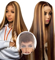 Perruques lisses blond miel avec mèches, en cheveux humains, Lace Front HD, Ombré, Cheveux Indiens Bruts, Perruque frontale HD sans colle