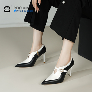 Trắng + đen Doanh Nhọn Khóa một dòng dây đeo chính hãng Da Stiletto gót sang trọng khí quyển mùa hè Phụ nữ dép - Product Image 1