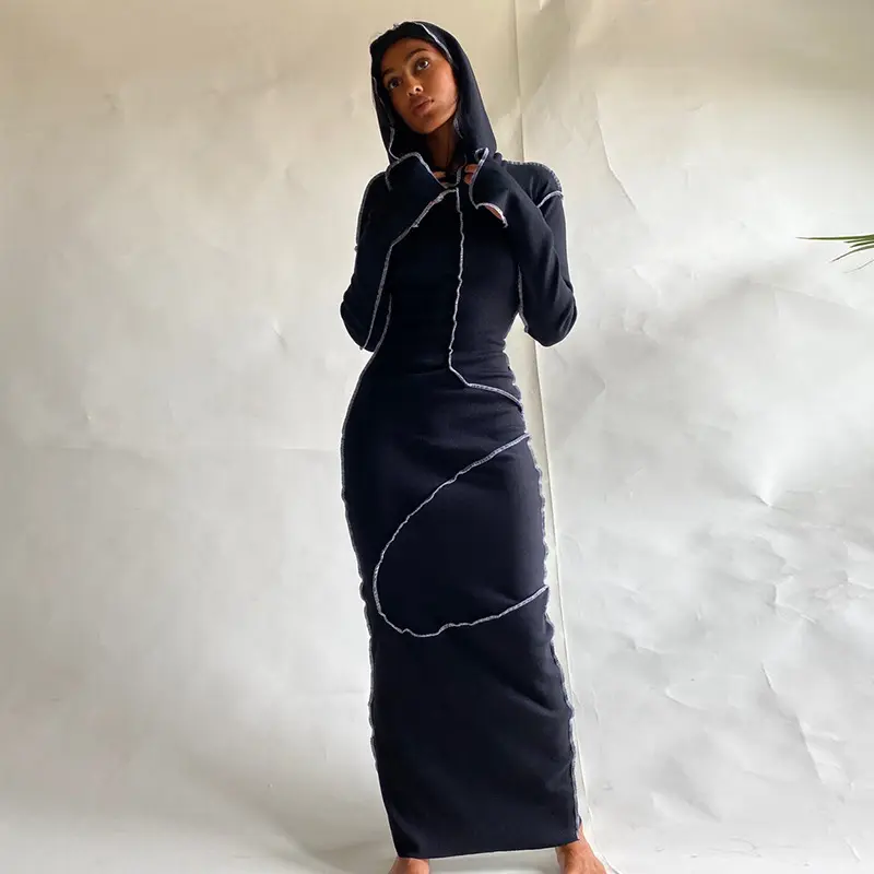 2021 hot sell Maxi Dress Long Sleeves Patchwork Bodycon Hooded Solid Straight Winter Long women's Casual Dresses