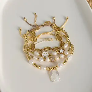 KKBEAD perlas naturales 18K chapado en oro cuentas Virgen María encantos pulsera Conjunto Estrella sonrisa cara pulseras mujeres