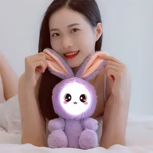 Lámpara de felpa de conejo púrpura de dibujos animados, luz nocturna cálida, Interruptor táctil alimentado por USB, iluminación de decoración de dormitorio acogedora