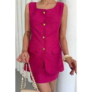 Ensemble de costume pour femme en lin jacquard, veste et jupe courte fuchsia, élégant et stylé - Product Image 4
