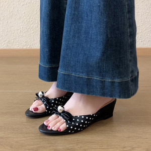2026 French Style Polka Dot Bow <b>Wedge</b> Slippers for Women Summer Open Toe <b>Platform</b> Slide <b>Sandals</b> for Outdoor Wear - Product Image 4