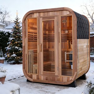 Sauna carré extérieur pour 4 à 6 personnes avec véranda, sauna à vapeur en cèdre rouge avec chauffage de 9 kW, toit en asphalte noir, porte en verre trempé - Product Image 1