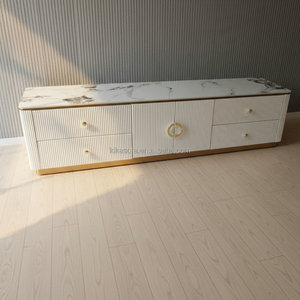 Nouveauté Meuble <span class=keywords><strong>TV</strong></span> moderne avec base en acier doré, cadre en bois blanc et plateau en pierre frittée pour salon, atelier - Product Image 2