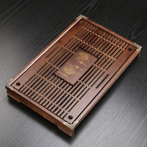 Bandeja de té de madera maciza con drenaje y almacenamiento de agua para juego de té Kung Fu, diseño plano con patrón de orquídeas - Product Image 2