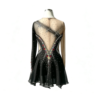 Robe de patinage artistique noire à manches longues avec strass colorés et jupe en maille pour enfants et adultes, idéale pour les compétitions et spectacles de patinage sur glace