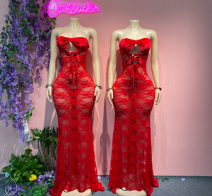 Vestido Longo Sexy Sem Alças em Renda Transparente para Mulheres CLK - Product Image 1