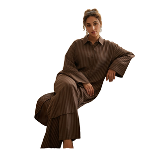 Loriya Modest Muslim Women Summer Adults <b>2</b>-<b>Piece</b> Striped Lapel Button Top Wide Leg Pants Co-Ord Set Daily Wear Polyester - Product Image 2