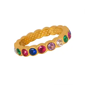 18K Gold Plated Stainless Steel Non Tarnish Jewelry Rings Inlaid Colorful Crystal Zircon Rings For Women