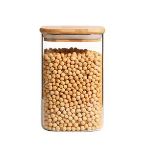 Square Kitchen Spice Storage Borosilicate Glass Container Jar Canister Set with Custom Airtight Bamboo Wood Lids
