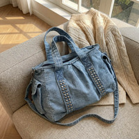 Sac fourre-tout en jean délavé pour femme, sac à main rétro avec rivets, grande capacité, sac de voyage à bandoulière, vente en gros