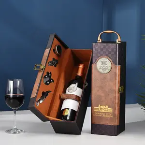 Caja de embalaje de cuero PU para una sola botella de vino, caja de almacenamiento de lujo para champán, Brandy, licor, con accesorios, venta al por mayor