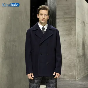 High quality men's navy double breasted windproof coat pea coat