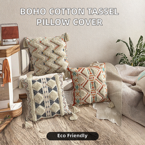 Bohemian Decorative Square Woven Throw Pillow Cover 18x18 | Eco-Friendly Polyester/Cotton Pillow Covers Tassels for Home <b>Bed</b> - Product Image 2