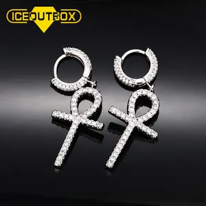 Europeo Personalizzato Fianchi Hop Ghiacciato Fuori Bling Zircon DELLA CZ Ankh Croce Pendente Rotondo Huggie Orecchino