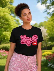 T-shirt da donna con grafica a tema San Valentino, nera, girocollo, manica corta, in jersey elasticizzato, casual, primavera estate, lavabile in lavatrice - Product Image 2