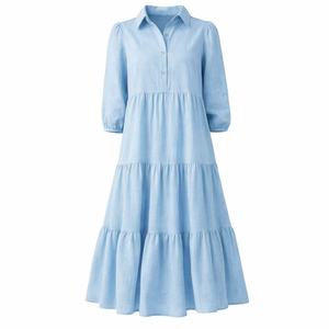 <span class=keywords><strong>Abito</strong></span> Personalizzato in <span class=keywords><strong>Lino</strong></span> <span class=keywords><strong>Azzurro</strong></span> con Colletto a Camicia per Donne, con Maniche a Sbuffo e Volant a Strati <span class=keywords><strong>Abito</strong></span> Elegante Adatto per Donne. - Product Image 3