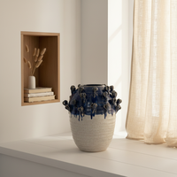 Vase en céramique fait main avec relief 3D, glaçure bleue effet goutte, style rustique Wabi Sabi, pour la décoration de la maison et du salon, vente en gros