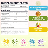Bonbons gélifiés à la phosphatidylsérine pour le cerveau avec vitamines C et D3 pour enfants et adolescents - Améliore la concentration et la mémoire