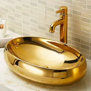 Luxury Oval Countertop Vessel Sink Gold Plated Washbasin Bathroom Art Ceramic Golden Wash Basin