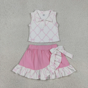 Nouvel Arrivage Ensemble de Vêtements de Sport d'Été pour Enfants et Bébés Filles, Hauts à Nœuds, Jupe-Short Rose à Volants, Tenue de Yoga et de Sport - Product Image 2