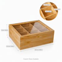 Boîte de rangement à thé en bambou avec logo personnalisé, couvercle coulissant transparent, organisateur multi-compartiments pour sachets de thé, coffret cadeau, vente en gros