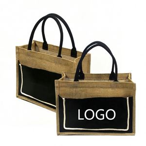 Bolsa de Compras de Yute Ecológica para Uso Diario, Bolsa de Supermercado Reutilizable de Arpillera con Bolsillo Negro y Asas Resistentes - Product Image 1