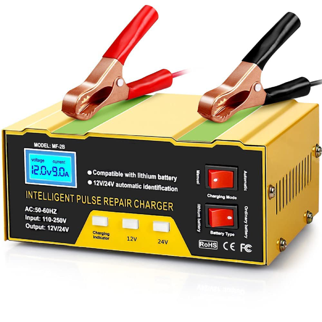 12V 10AH Universal Battery Adapter Charger with Display Plug and Terminal Clip 12-24V Voltage Range