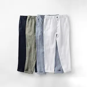 2023 yüksek kalite özelleştirilmiş keten pantolon düz renk elastik bel düz keten erkek pantolon