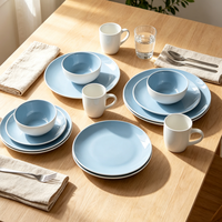 Ensemble de 16 pièces en grès céramique bleu rond, assiettes et bols, compatible lave-vaisselle et micro-ondes, vente en gros Chine
