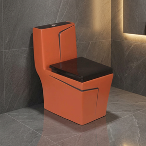 WC monobloc en céramique décorative orange et noir, design de créateur, avec abattant UF, siphon en P, à poser au sol - Product Image 1