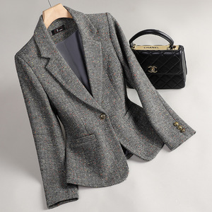 Wool Blazer For Women Coffee Color Herringbone Pattern Single Button Autumn Winter Casual Elegant Fit - Product Image 3