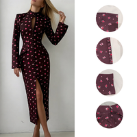 Nouvelle robe midi imprimée pour femme, col montant, manches longues, boutonnée sur le devant, poche avant, fente avant, élégante, pour soirée, bureau, trajets quotidiens, personnalisable