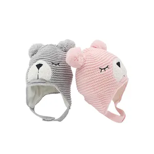 Bambini divertenti personalizzati lavorati a maglia imitare cappello animale orso faccia Patch ricamo cappello invernale bambino berretto in pile polare