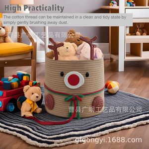 Christmas Reindeer Cotton Rope Woven <b>Storage</b> <b>Basket</b> Round Brown <b>Large</b> Capacity Clothing Organizer Home Decoration - Product Image 4