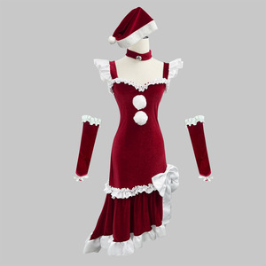 Women Christmas Dress Plus Size Bodycon Velvet Maid Costume Red With Hat And Gloves - Product Image 1