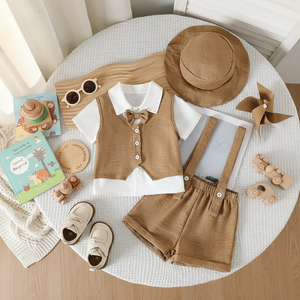 Ensemble de <span class=keywords><strong>costume</strong></span> trois pièces pour bébé garçon avec chemise à nœud papillon + gilet élégant + bretelles formelles + chapeau - Product Image 1