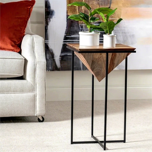 Mango Wood Side <b>Table</b> with Geometric Triangular Design Black Metal Frame Modern Minimalist Accent Stand for Living Room Bedroom - Product Image 1