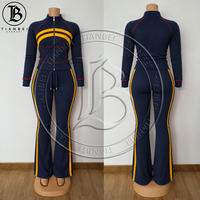 Nouveautés Ensemble deux pièces pour femme en tricot gaufré, survêtement personnalisable avec logo, veste zippée à col tissé rayé et pantalon de survêtement, tenue décontractée