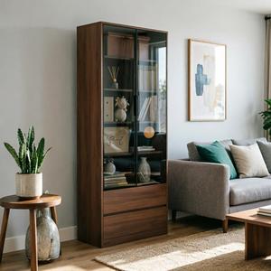 Librero Alto de Estilo Europeo Moderno <span class=keywords><strong>con</strong></span> <span class=keywords><strong>Puertas</strong></span> Corredizas de Vidrio Templado, 2 Cajones Inferiores y Estantes Ajustables, Acabado en Nogal, para Oficina en Casa - Product Image 3