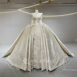 JFH03 Vintage Modern Muslim High Neck Satin Embroidery Lace Beading Chapel Train Flowers Crystal Appliques Ball Gown Long - Product Image 1